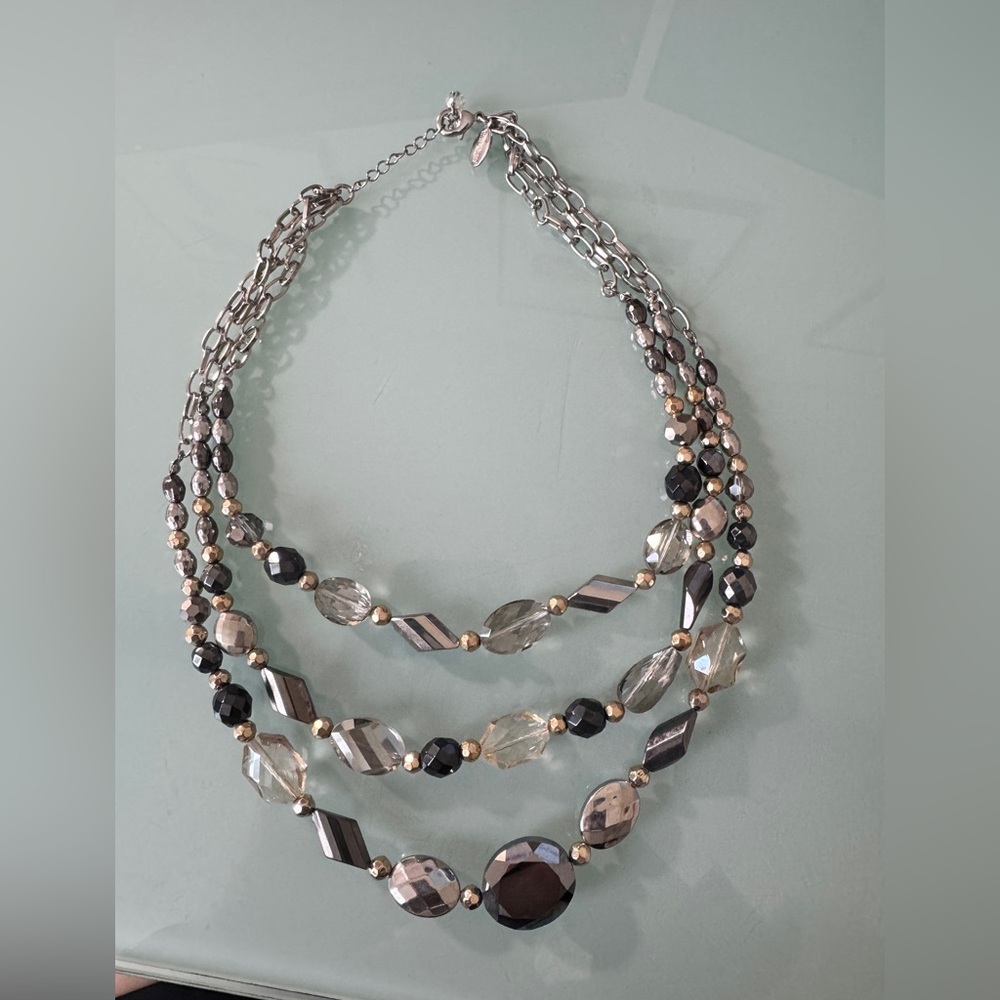 3 -Layered Beaded Black, Gold, and Silver Statement Necklace